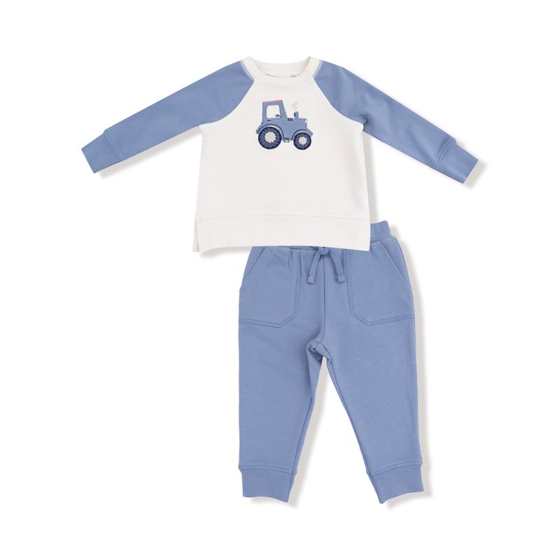 Mini Tractors French Terry Raglan Sweatshirt & Jogger Set With Applique