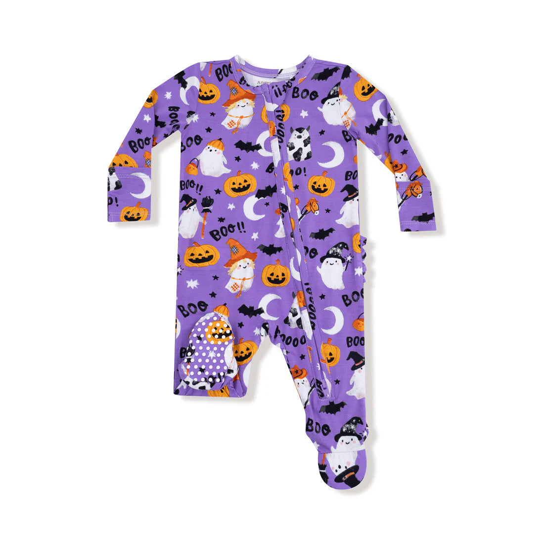 Costumed Ghosts-Glow In The Dark - Purple 2 Way Zipper Ruffle Back Footie