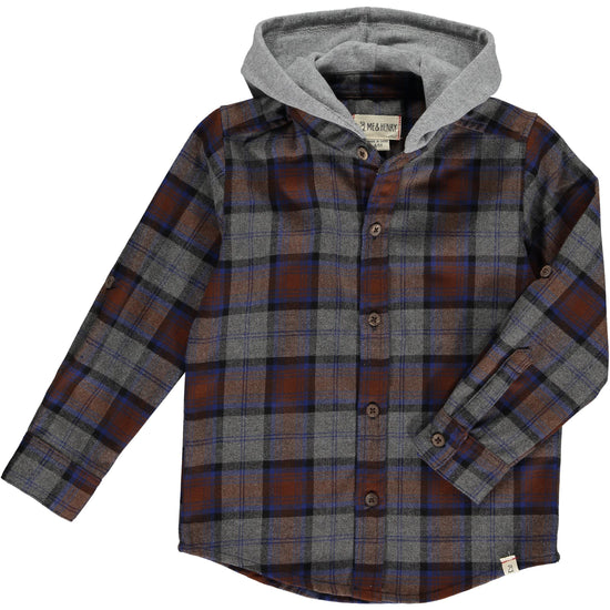 Erin Hooded Woven Top - Brown/Grey/Blue Plaid