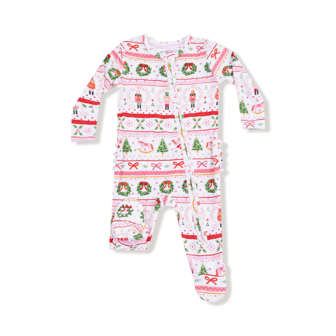 Nutcracker Fair Isle - Pink 2 Way Zipper Ruffle Back Footie- Pink
