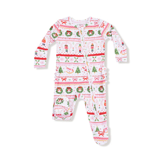 Nutcracker Fair Isle - Pink 2 Way Zipper Ruffle Back Footie- Pink