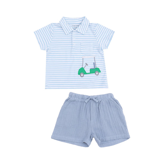 Golf Blue Stripe Applique Polo Shirt And Muslin Short