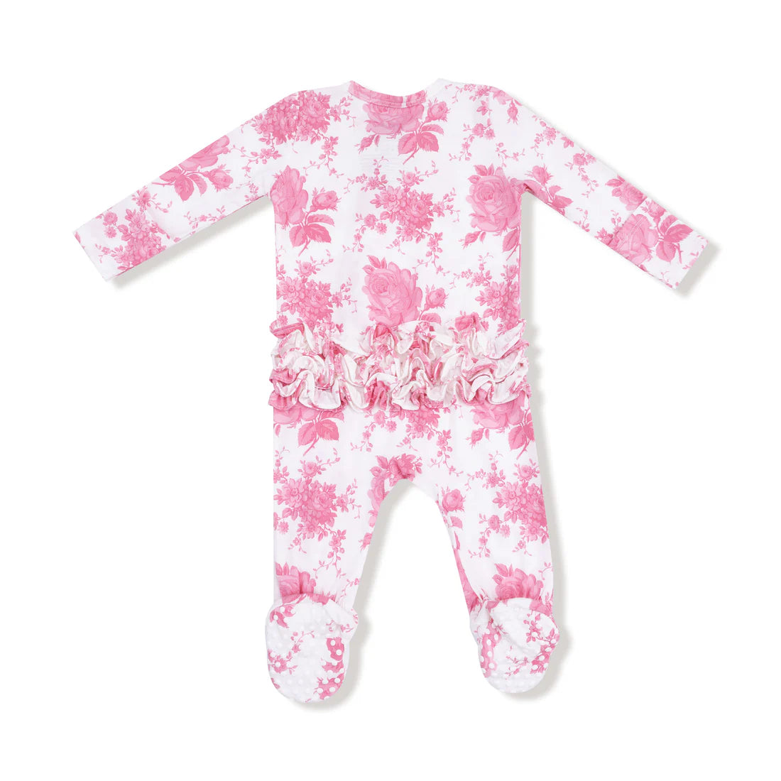 Vintage Pink Roses 2-Way Zipper Ruffle Back Footie