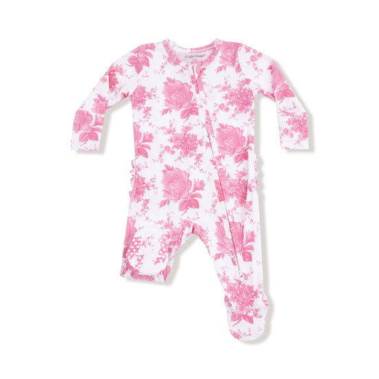 Vintage Pink Roses 2-Way Zipper Ruffle Back Footie