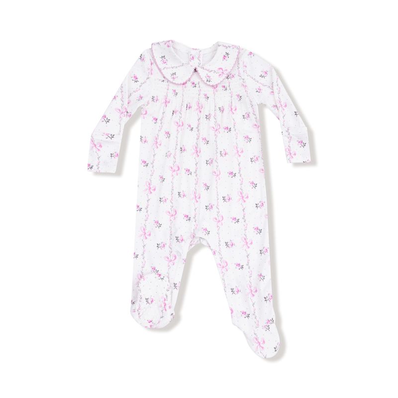 Dainty Buds and Bows Stripe Smocked Peter Pan Snap Footie