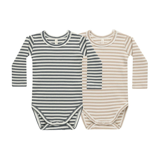 2-Pack Ribbed Bodysuit - Indigo Stripe + Latte Stripe