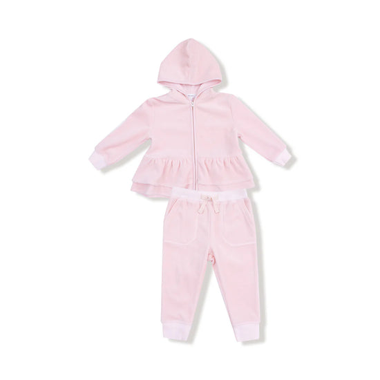 Velour Teddy Bear Zip Peplum Hoodie + Jogger - Veiled Pink
