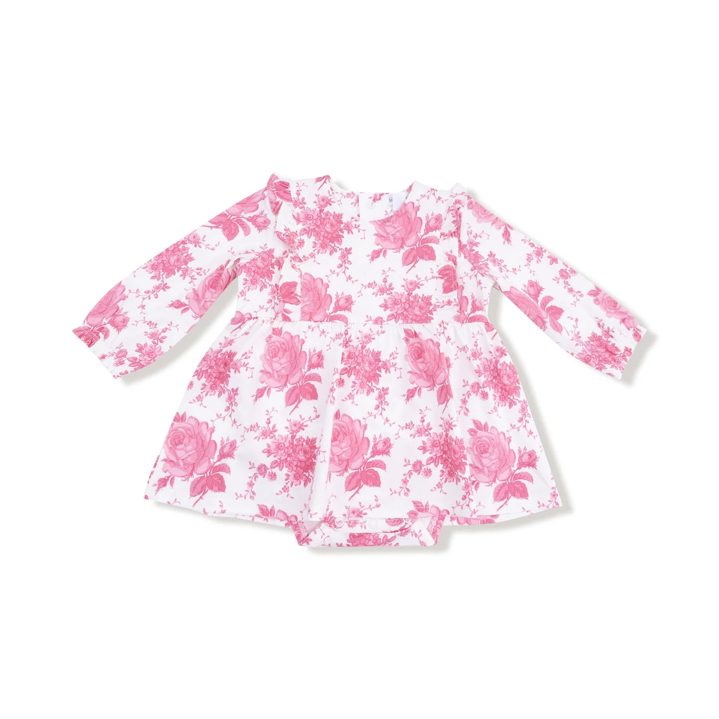 Vintage Pink Roses Ruffle Long Sleeve Bodysuit Dress