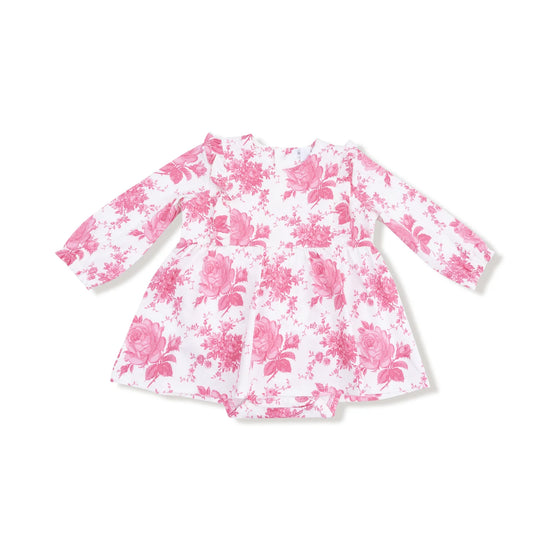 Vintage Pink Roses Ruffle Long Sleeve Bodysuit Dress