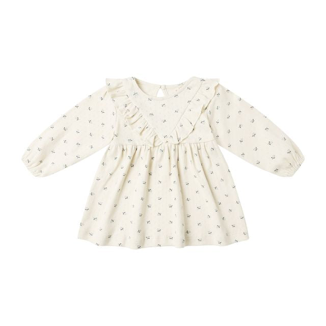 Long Sleeve Ruffle V Dress - Blue Ditsy