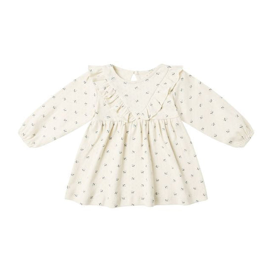 Long Sleeve Ruffle V Dress - Blue Ditsy