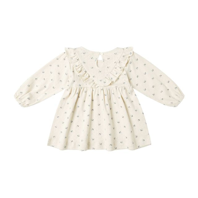 Long Sleeve Ruffle V Dress - Blue Ditsy