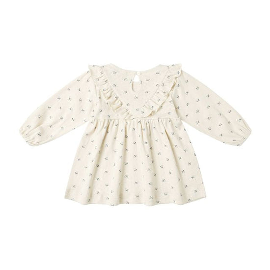 Long Sleeve Ruffle V Dress - Blue Ditsy
