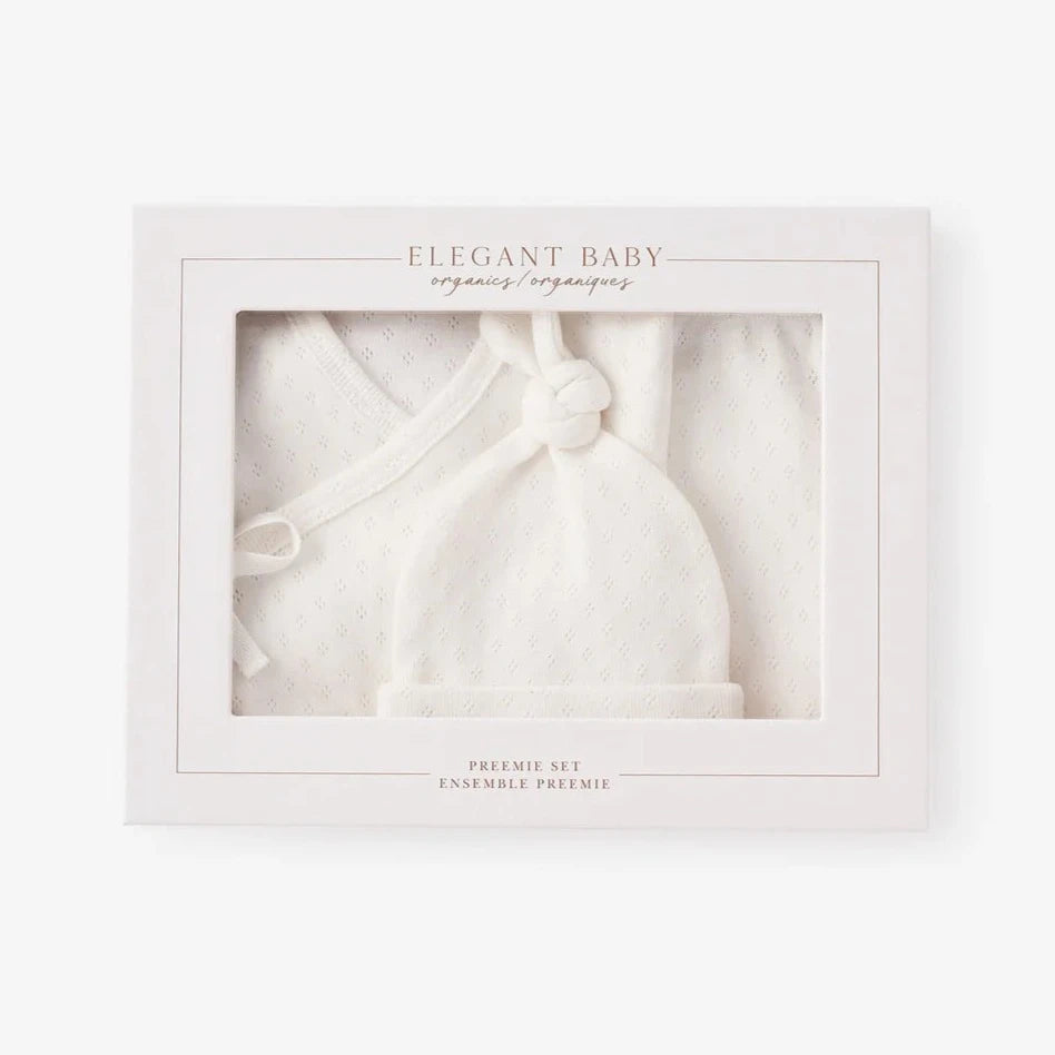 Organic Cotton Pointelle 3-Piece Preemie Layette Set w/ Gift Box - White