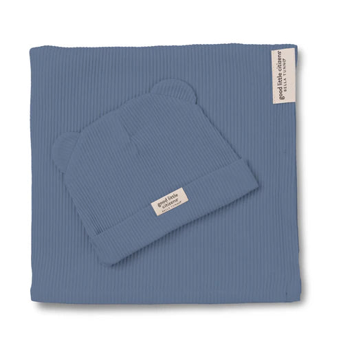 Rib Swaddle & Beanie Set - Rain