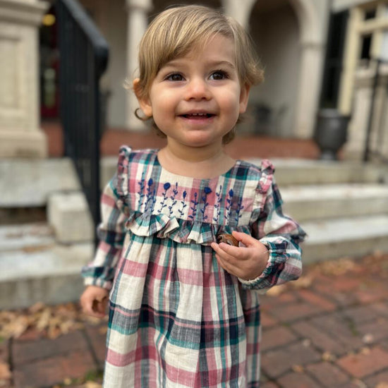 Long Sleeve Dress w/ Frilled Placket - Red & Navy Plaid