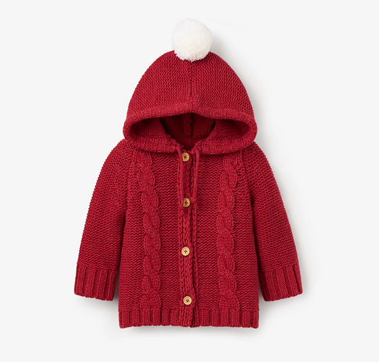 Red Chunky Hooded Pom Pom Cardigan