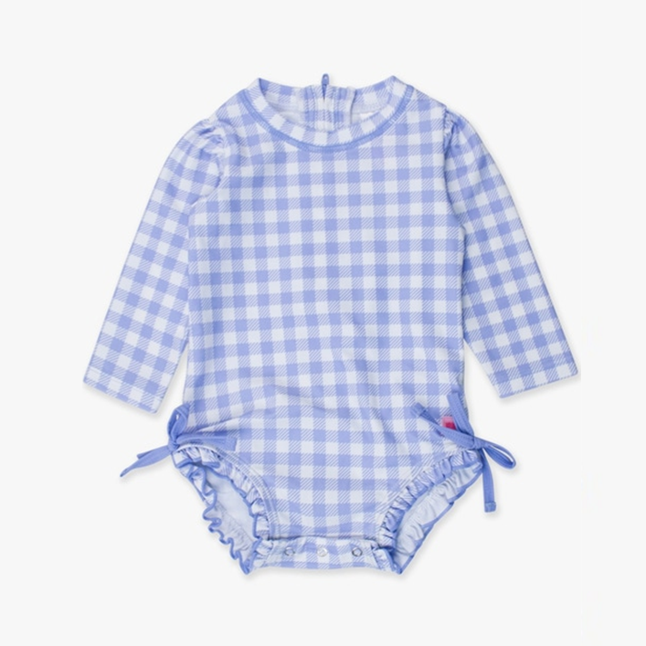 Periwinkle Blue Gingham Long Sleeve One Piece Rash Guard