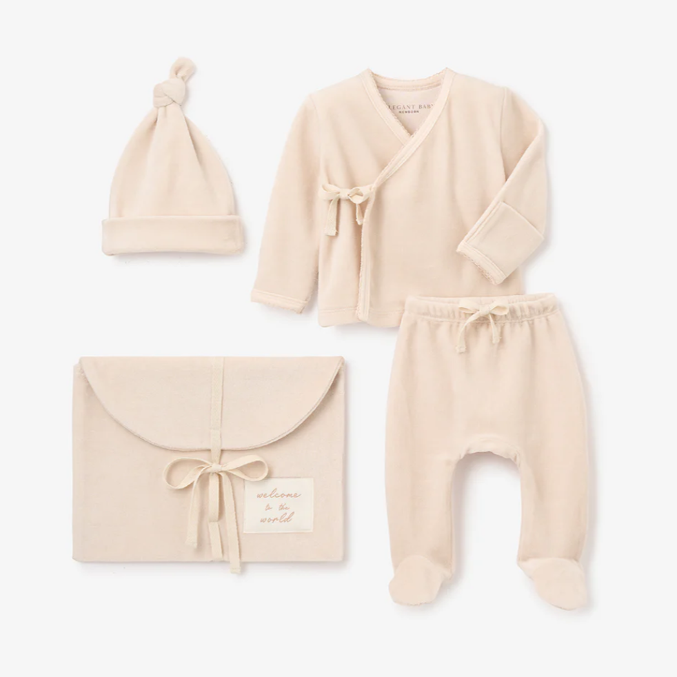 Taupe Velour Welcome To The World Layette Set