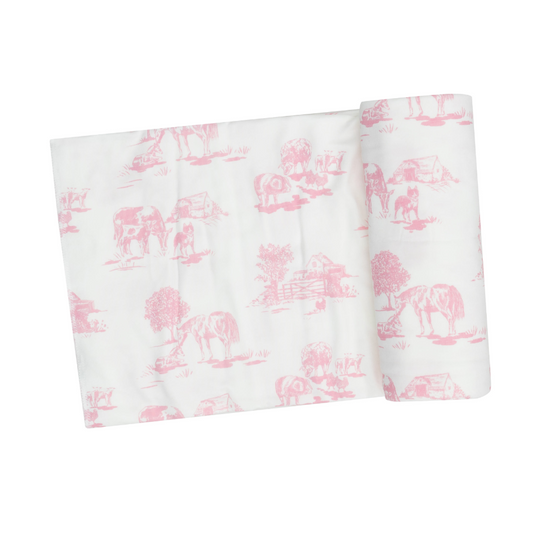 Pink Farm Toile Swaddle Blanket