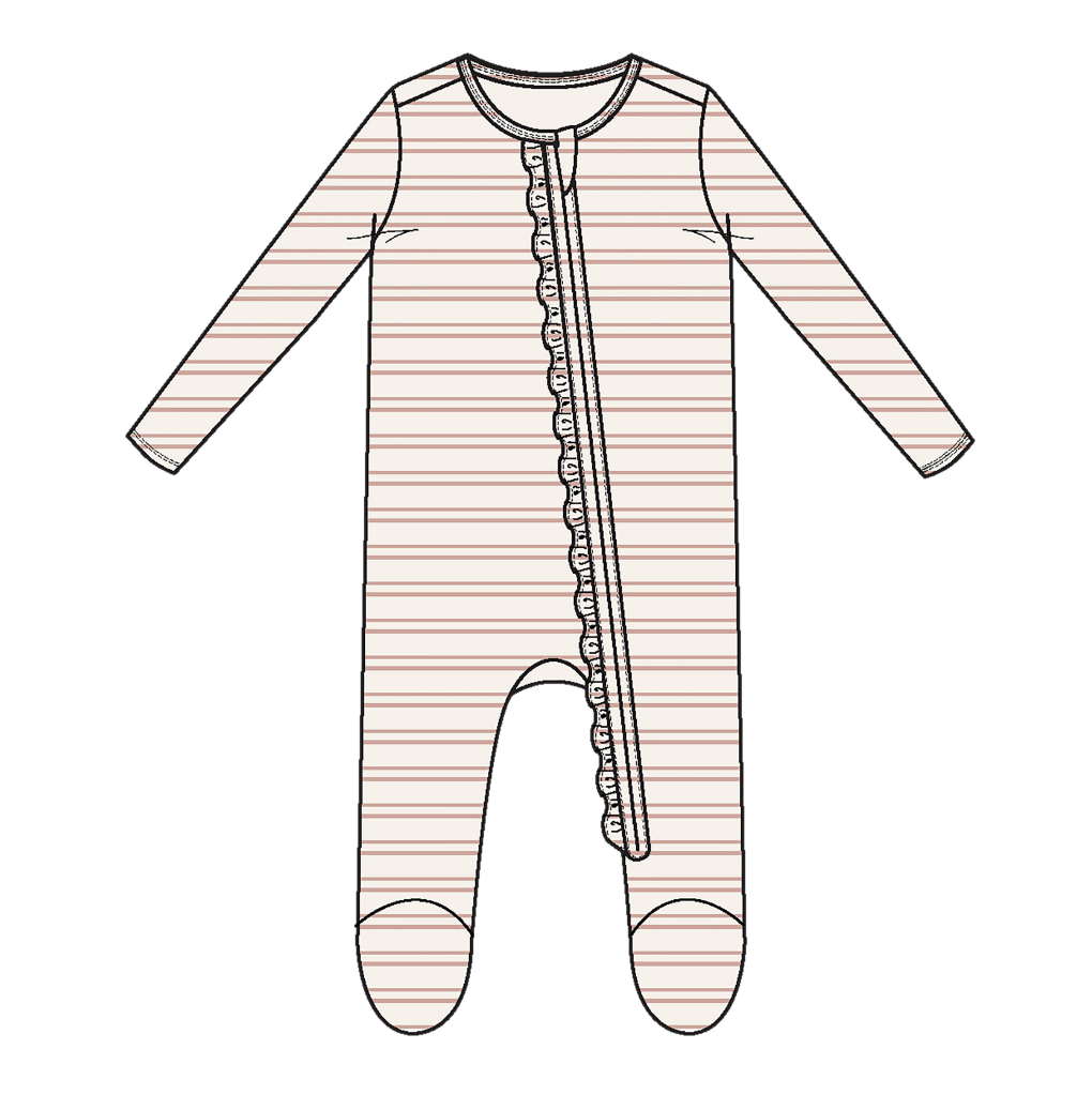 Misty Rose Ribbed Stripe 2-Way Ruffle Zipper Footie