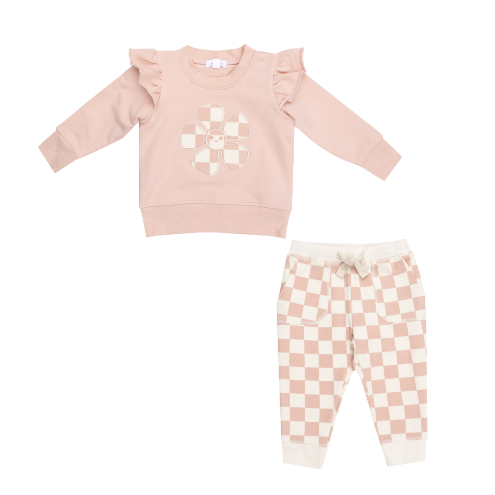 Checkerboard Pink French Terry Ruffle Patch Sweatshirt & Jogger Set