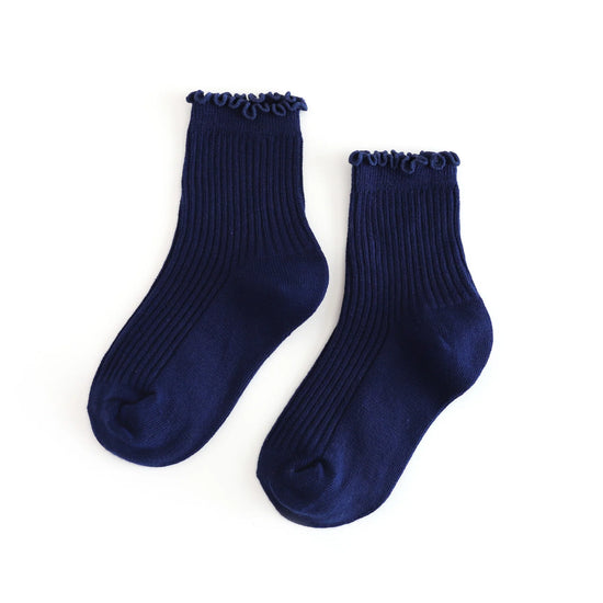 Bright Navy Ribbed Lettuce Trim Midi Socks
