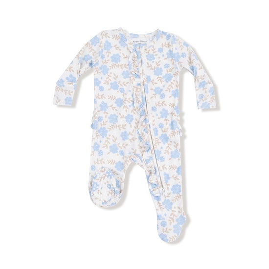 Baby Blue Floral 2-Way Ruffle Zipper Footie