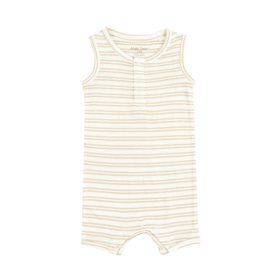 Stripe Oxford Tan Ribbed Sleeveless Shortie Romper