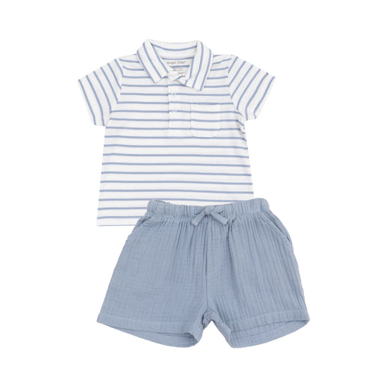 French Stripe Dusty Blue Polo Shirt And Muslin Short