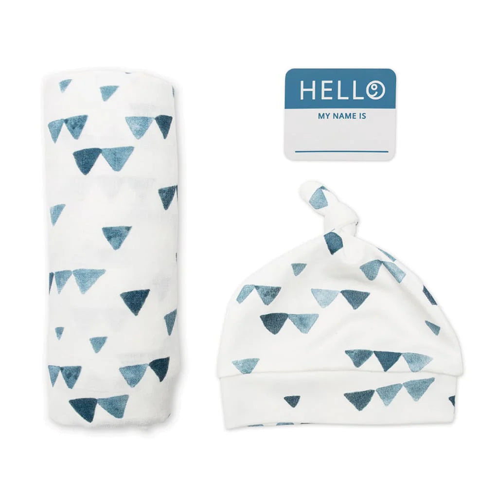 Hello World Hat & Swaddle Set – Navy Triangles